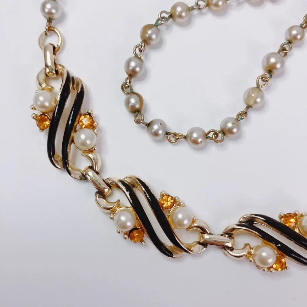 Vintage 50s Gold Tone Black Enamel Faux Pearl Rhinestone Link Choker Necklace